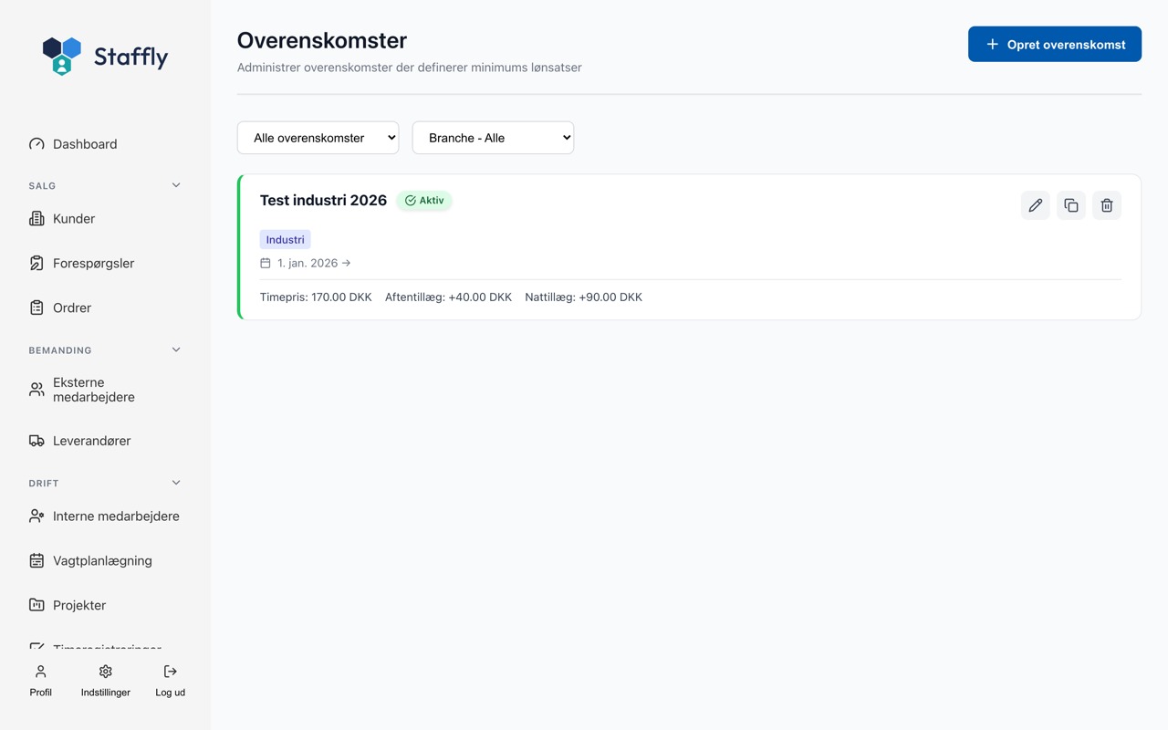 Overenskomster i Staffly med timepris samt aften- og nattillæg.