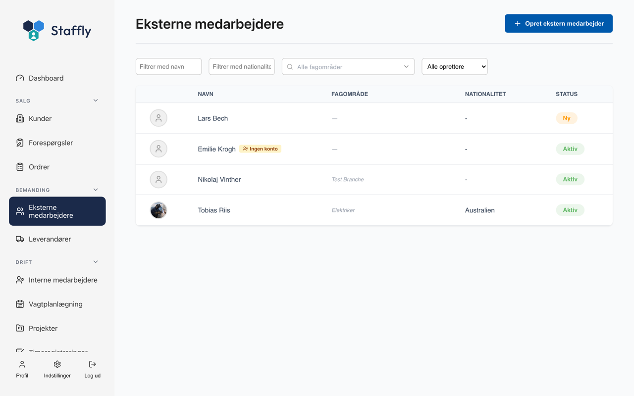 Eksterne medarbejdere i Staffly med fagområde, nationalitet og status.