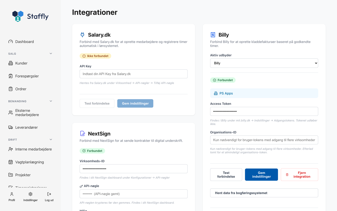 Integrationssiden i Staffly, hvor Salary.dk, Billy og NextSign forbindes.