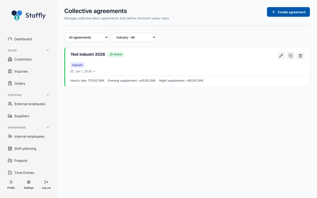 Collective agreements in Staffly with hourly rate plus evening and night supplements.