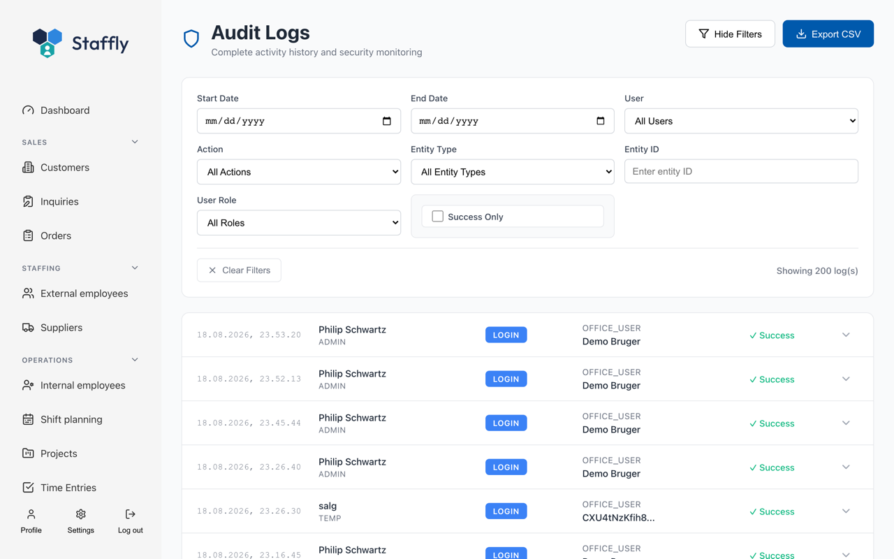 The audit log in Staffly with timestamp, user, action and outcome for every event.