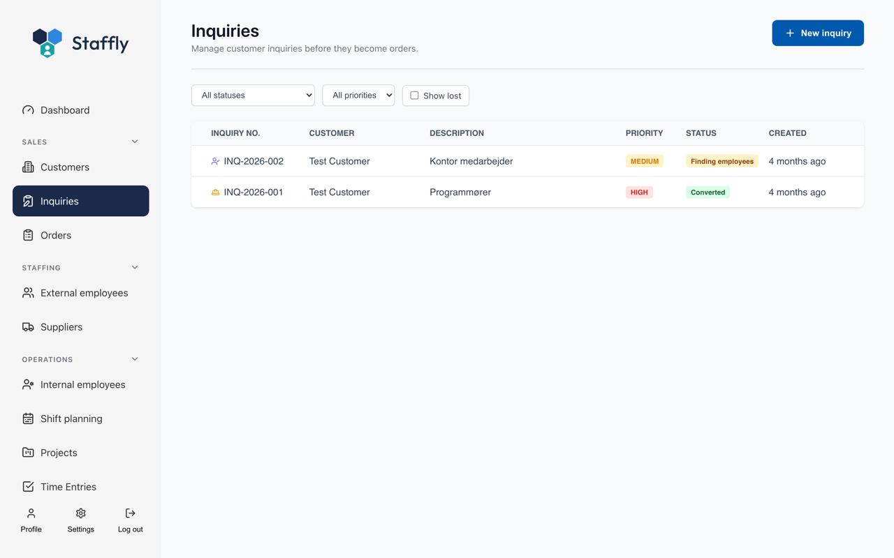 Inquiries in Staffly with priority and status, before they become orders.