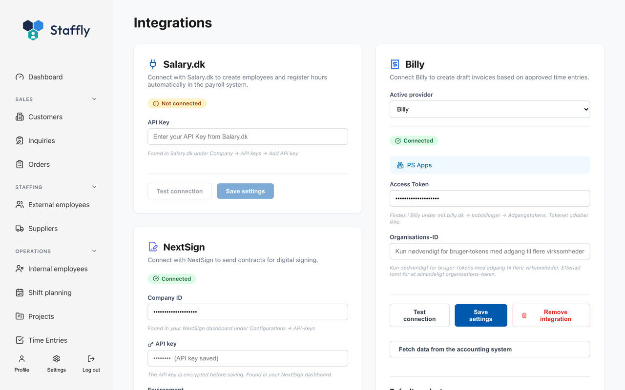The integrations page in Staffly, where Salary.dk, Billy and NextSign are connected.