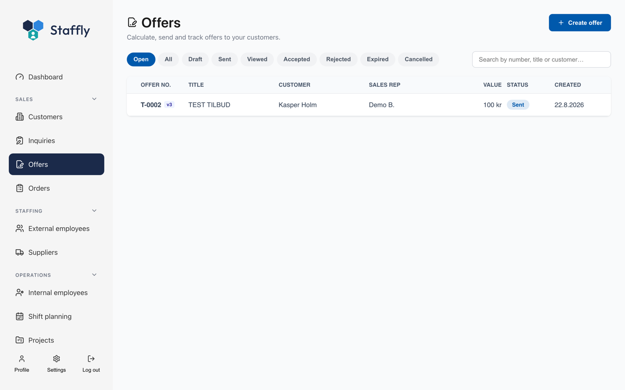 The offers overview in Staffly with the status of each quote: draft, sent, viewed, accepted, rejected and expired.