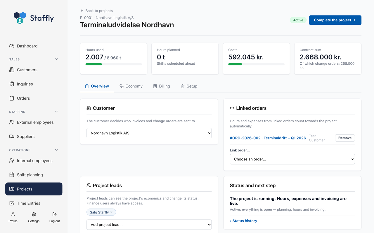A project in Staffly: hours spent against budget, costs, contract sum with change orders, linked orders and project managers.