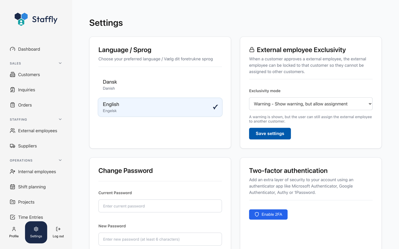 Security settings in Staffly: language, changing your password and two-factor authentication.