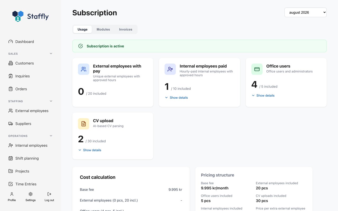 Subscription usage in Staffly with modules, included quantities and cost calculation.