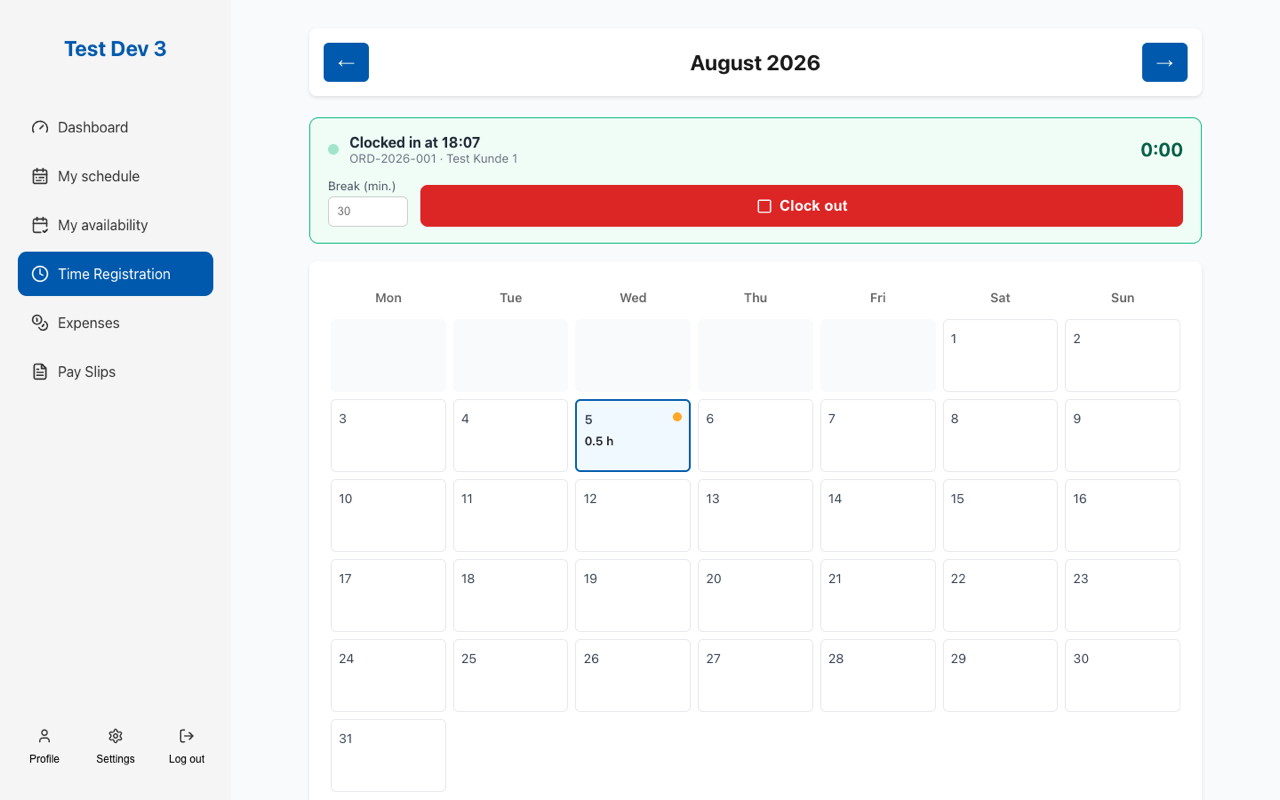 The time clock panel in the employee portal with an active clock-in