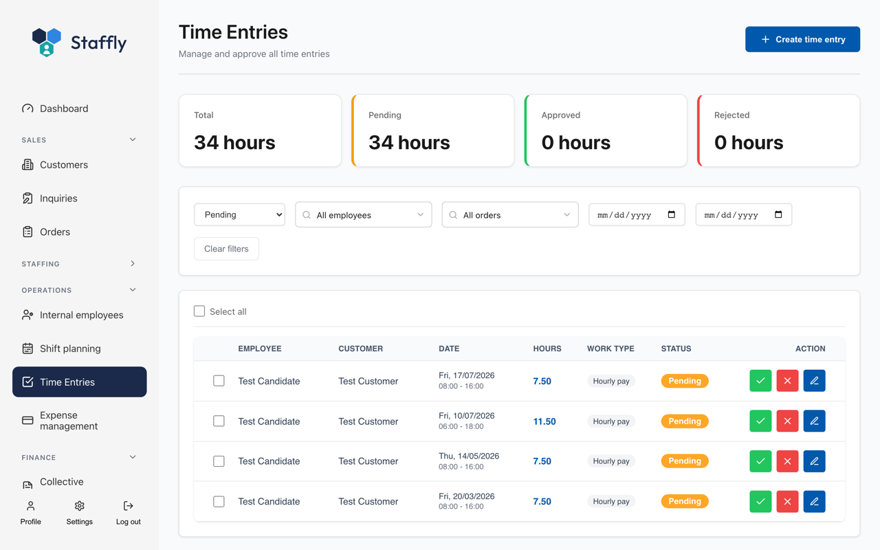 Approving time entries in Staffly